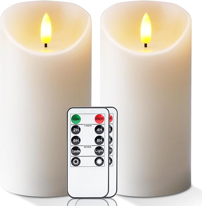 5plots 6" x 3" Flickering Flameless Candles - Battery Operated Wax LED Candles - Amber Yellow Light with Remote and Timers Set of 2, Ivory, for Home Decor, Candle Sconces