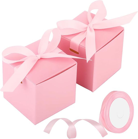 48 Pcs Christmas Gift Boxes with Ribbon Small Party Favor Boxes with Lids Mini Treat Candy Container for Wedding, Party, Birthday, Valentine's Day and More(Pink,6 Inch)