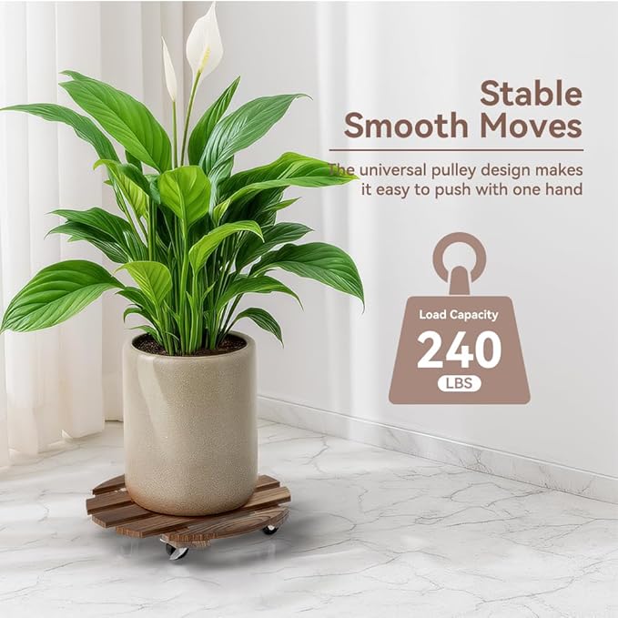 2 Pack Plant Stand Indoor and Outdoor, 12IN Premium Wooden Plant Caddy with Wheels, Heavy Duty Plant Stands with 360° Lockable Wheels, Classic Plant Cart