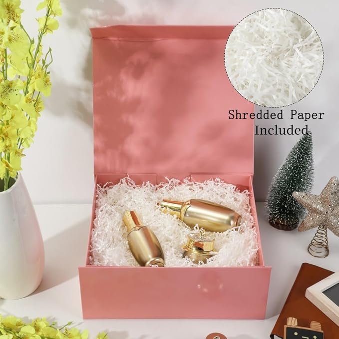 Pink Gift Box - Large (13x11x5.3 Inch) - Magnetic - With Crinkle Paper - Luxury - For Presents