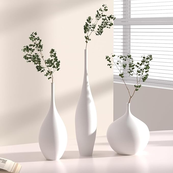 White Ceramic Vase Modern Boho Wabi-Sabi Flower Vase Set of 3 Decorative Aesthetic Vases for Centerpieces Pampas Matte Minimalist Vases for Living Room Table Shelf Home Decor Gift