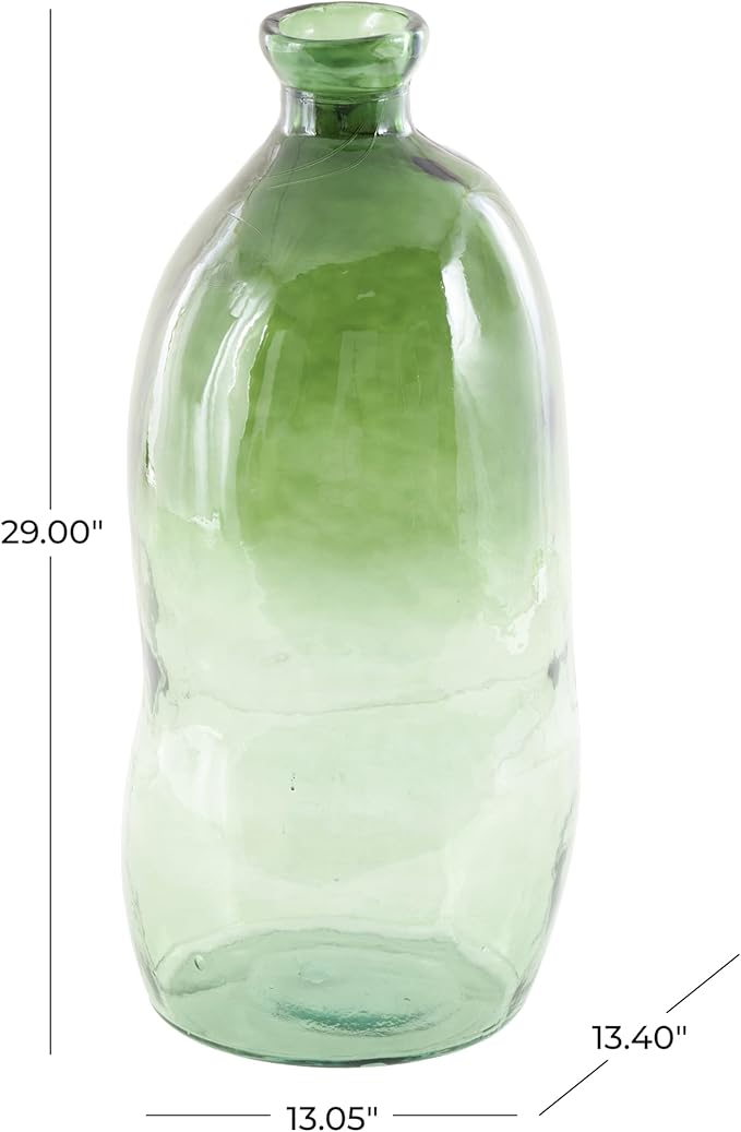 Deco 79 Recycled Glass Abstract Handmade Decorative Vase Tall Curved Ombre Spanish Bottle Centerpiece Vase, Flower Vase for Home Decoration 13" x 13" x 29", Green