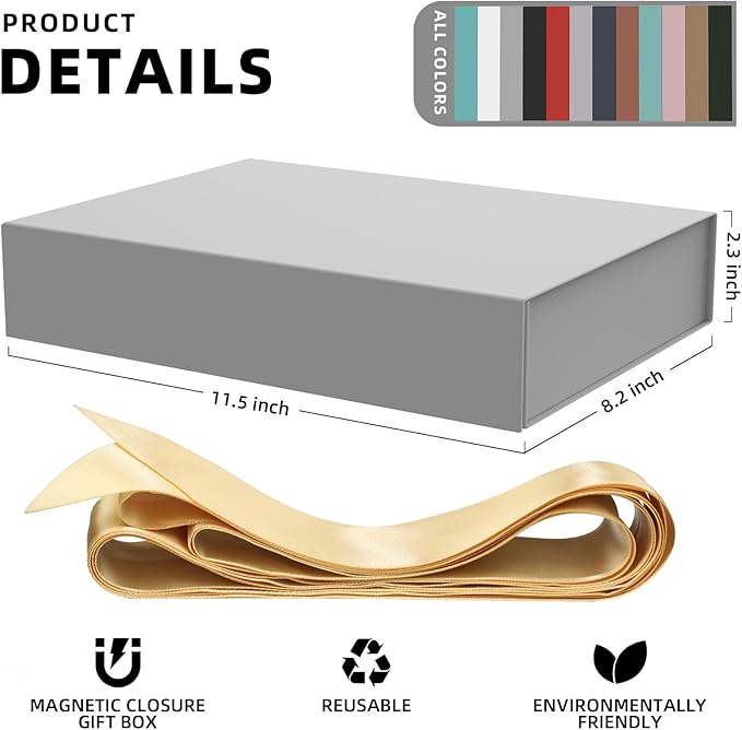 MOZRRO Gift Box 11.5 x 8.2 x 2.3 In Gift Boxes for Presents Magnetic Closure, Gift Boxes with Lids for Presents Birthday Luxury Jewelry T-shirts Gloves Scarves Books Clothes Gift Wrap - Silver