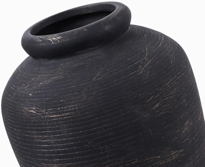 Handmade Black Vase - 11" Tall Large Ceramic Rustic Vase, Black Vintage Decorative Vase, Farmhouse Black Vase for Home Decor, Living Room, Shelf Decor, Enterway, Table, Fireplace Decoration