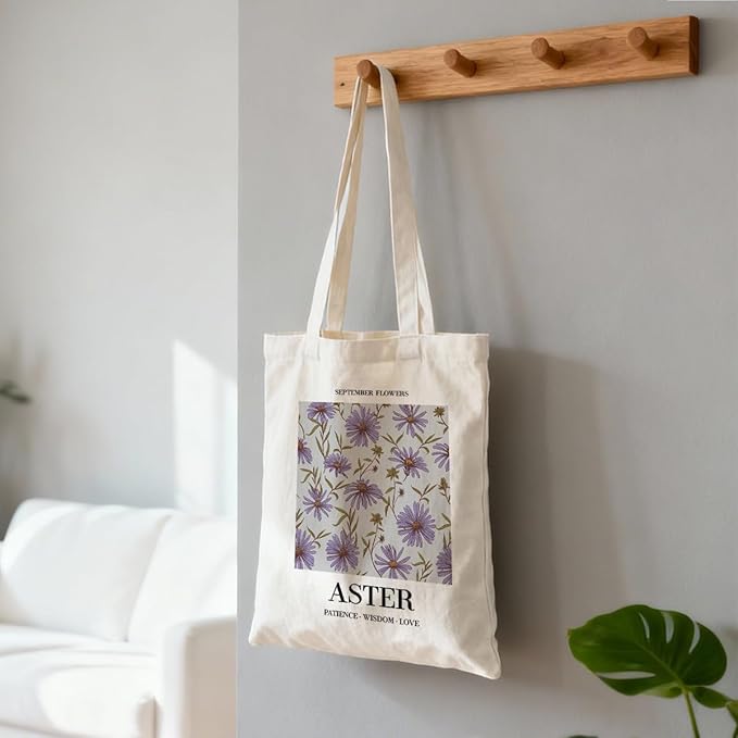 Flower Canvas Tote Bag, September Aster Reusable Shoulder Bags, Christmas Gifts to Sister and Friends, Holiday Gift Bags for Wrap Storage, Casual Canvas Totes for Work Traveling