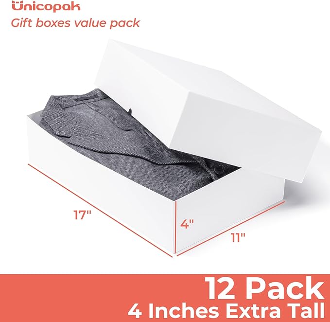 UnicoPak 12 Pack XLarge White Gift Boxes with Lids for Presents, 4-inch Deep Robe Boxes, 17x11x4 Inches