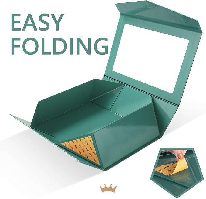 PACKQUEEN Large Green Christmas Gift Box with Window, 13.5x9x4.1 Inches Clear Gift Box for Present Contains Ribbon, Card, Groomsman Proposal Box with Magnetic Lid (Glossy Green)