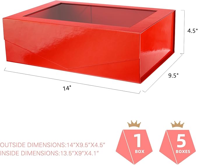 PACKQUEEN Large Red Christmas Gift Box with Window, 13.5x9x4.1 Inches Clear Mothers Day Gift Box for Present Contains Ribbon, Card, Bridesmaid Proposal Box with Magnetic Lid (Glossy Red)