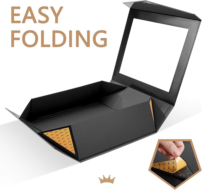 PACKQUEEN Extra Large Black Gift Box with Window, 16.3x14.2x5 Inches Clear Gift Box for Present Contains Ribbon, Card, Groomsman Proposal Box with Magnetic Lid (Glossy Black)