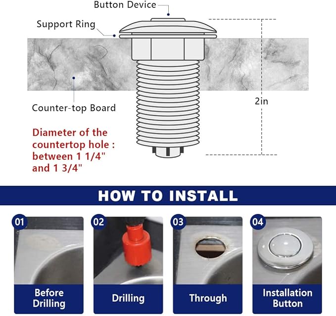 Garbage Disposal Switch, Cordless Air Switch Kit for Food Waste Disposer, Copper Chrome, SHORT 2" Sink Top Push Button by CLEESINK