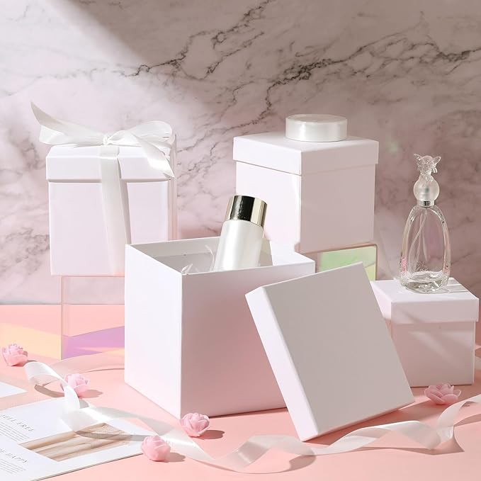 Cholemy 5 Pcs Square Nesting Boxes Decorative Gift Boxes with Lid and Ribbon Assorted Sizes Wrap for Wedding, Thanksgiving, Christmas, Anniversary, Birthday, Bridal Party(White)