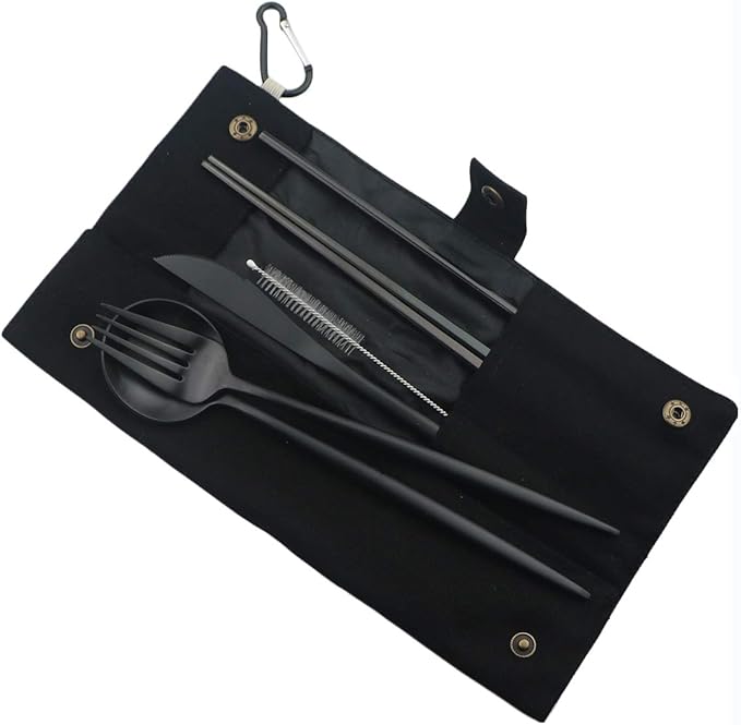 Gugrida Luxury Black Matte Portable 18/10 Stainless Steel Travel Flatware Sets of 7 Portable Camping Cutlery Set, Healthy & Eco-Friendly Flatware Set with Carrying Case for Travel or Camping