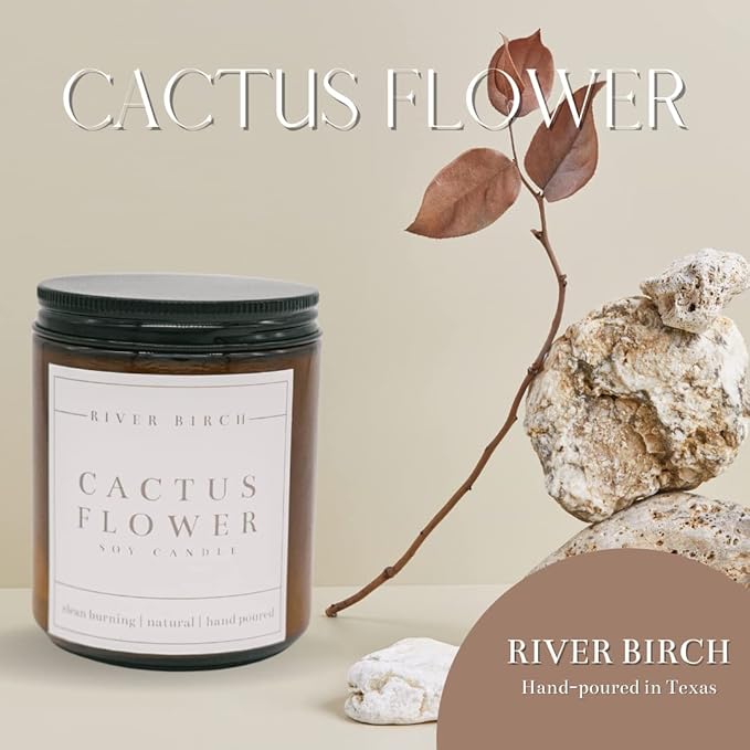 River Birch Candles Cactus Flower Scented Candle | Premium, All-Natural, Non-Toxic, Soy Amber Jar Candles | 8.5oz 40 Hr Burn Time | Cozy Relaxing Gifts for Home