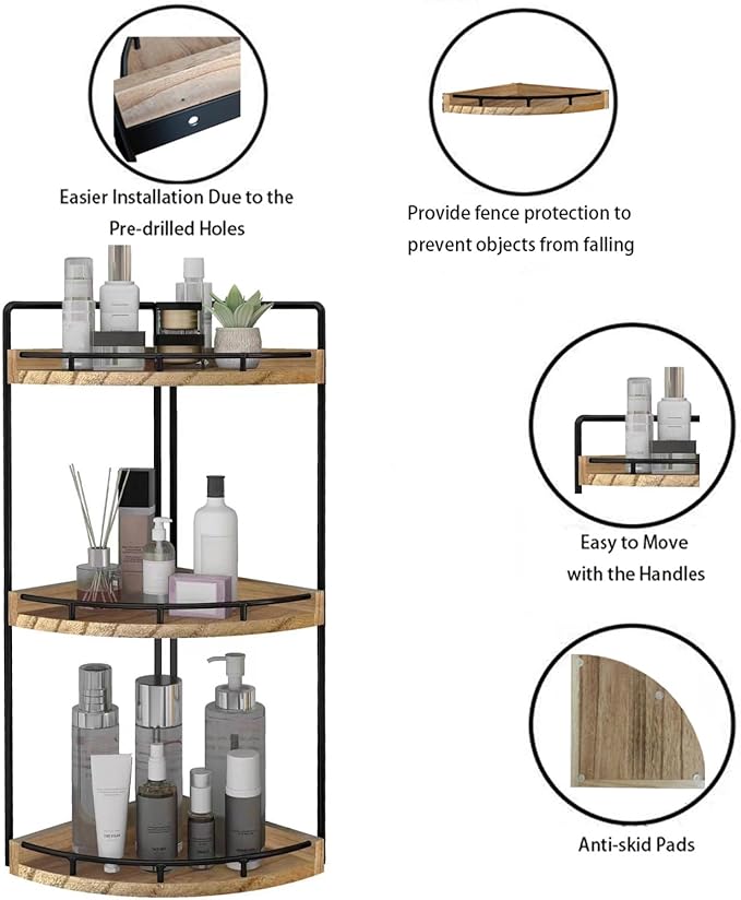 Dorhors 3-Tier Corner Bathroom Organizer Countertop for Storage,Vanity Tray,Wood Counter Organizer for Kitchen,Bathroom,Dresser (Rustic Brown)