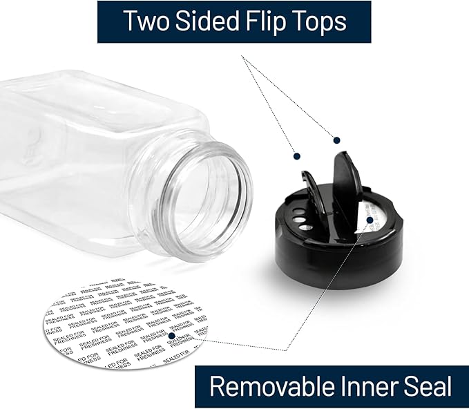 RoyalHouse 6 Pack 9.5 Oz Plastic Spice Jars with Black Cap, Clear and Safe Plastic Bottle Containers with Shaker Lids for Storing Spice, Herbs and Seasoning Powders, BPA Free, Made in USA