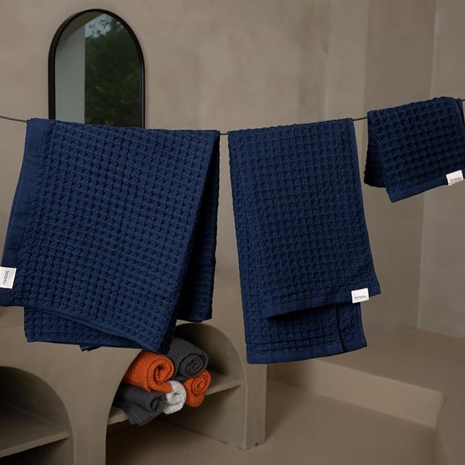 Luxury Japanese Cotton Waffle Bath Towel | Plush, Absorbent, and Quick Dry | Free Storage Bag Included (Ocean Blue, Bath Sheet (Set of 2))