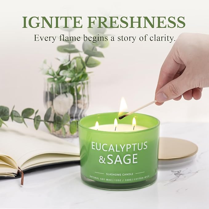 Sage & Eucalyptus Candle, Large 3 Wick 12oz Soy Candle for Home Scented, Luxury Elegant Jar Candle Gift for Women & Men, Long-Lasting Non-Toxic Burn 60+ Hours, Home Decor
