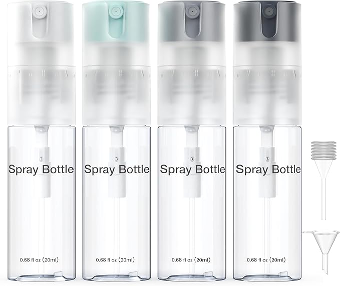 4 Pack Refillable Spray Bottle, Reversible Small Empty Spray Bottle with Fine Mist, Leak Proof - for Cleaning Solutions, Mosquito prevention, Face & Hair Mist - 4pk 0.68 OZ / 20 ML