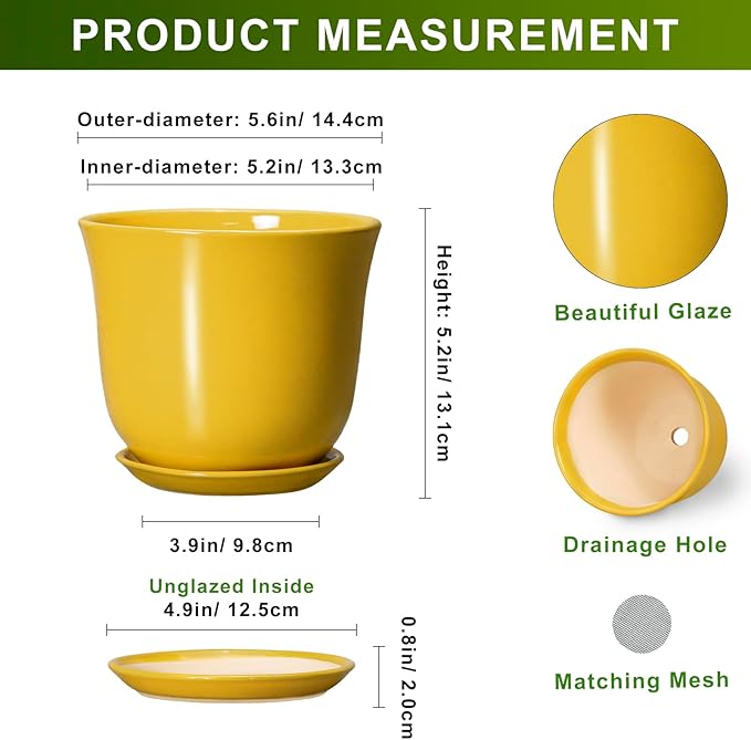 Ceramic Plant Pots - 5.6 Inch Planter with Drainage Hole and Saucer, Round Small Plant Pot for Indoor Outdoor, Modern Flower Succulent Orchid Pot, Desk Decor, Plant Lover Gifts, Yellow