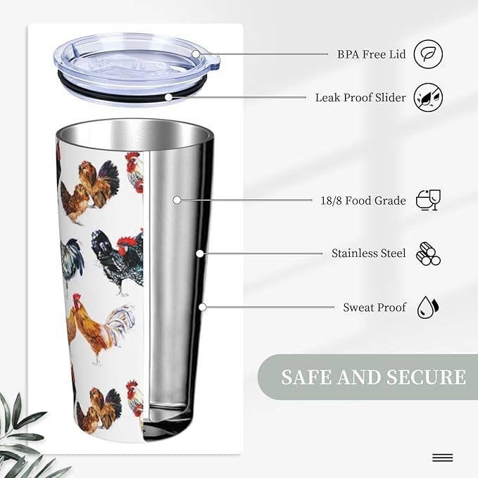 Farm Chickens Tumbler,Chickens 20oz Stainless Steel Insulated Travel Tumblers,Travel Coffee Mug with Lid and Straw Water Bottle Drink Tumbler Cups Gifts for Women Men Lovers