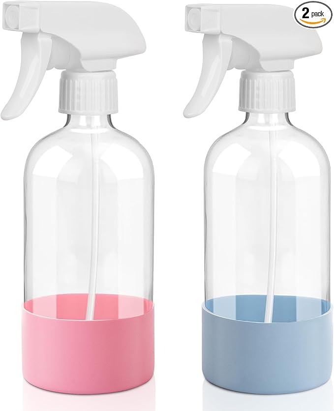 UUJOLY Plastic Spray Bottle Trigger Empty Spray Bottles Clear Refillable Container for Water, Essential Oils, Hair, Cleaning Products, Adjustable Head Sprayer and Stream, Pink + Light Blue