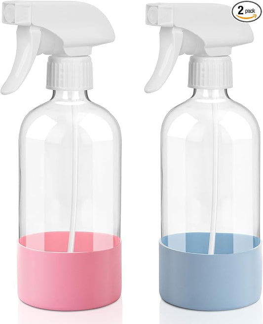 UUJOLY Plastic Spray Bottle Trigger Empty Spray Bottles Clear Refillable Container for Water, Essential Oils, Hair, Cleaning Products, Adjustable Head Sprayer and Stream, Pink + Light Blue