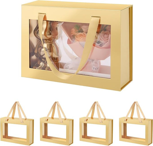 JINGUAN 5 Gold Gift Boxes with Windows, Gift Boxes with Lids and Handles, Clear Magnetic Gift Boxes for Presents, Bridesmaid Proposal Boxes (10.5x7.5x3 Inches