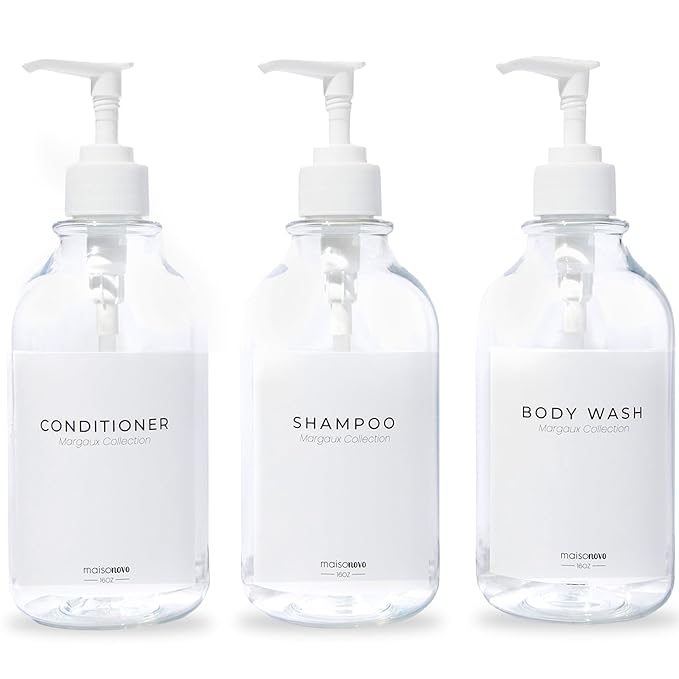MaisoNovo Refillable Shampoo and Conditioner Bottles | 16.9 fl oz Set of 3 Clear Plastic Bottles White Pumps