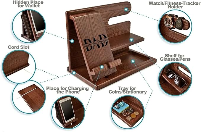 Wooden Nightstand Charging Station - Bedside Table Organizer for Men - Foldable Cell Phone Stand for Desk - Personalized Wood Docking Station