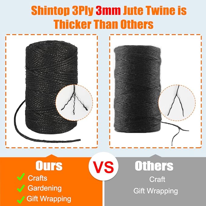 328 Feet 3mm Thick Natural Jute Twine, 3Ply Black Garden Twine Heavy Duty Industrial Packing Materials String Wrapping, Arts, and Crafts