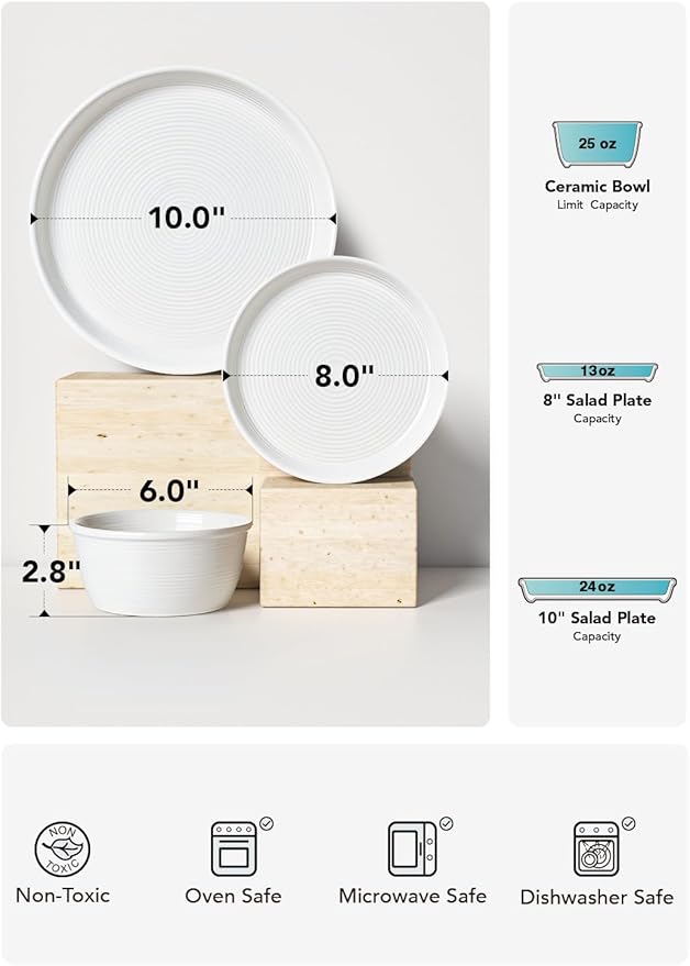 LE TAUCI Dishes Set for 4, Stoneware Plates and Bowls Set, Farmhouse Ceramic Dinnerware Set, Microwave & Dishwasher Safe, Stackable,12-Piece (10" Dinner+8" Salad Plates+6" Bowls), White