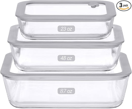 Glass Food Containers with Glass Lid, Microwave Safe Food Storage Container Set, 3 Pack of Large Size, Food Storage Containers with Lids, Meal Prep containers with Leak Proof Lid.