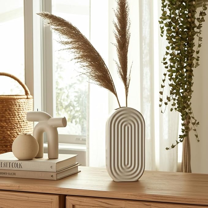 Sagebrook Home Boho Ceramic Vase - Embossed Arch Stoneware Flower Holder, Minimalist Modern Decor for Home, Office & Bedroom - 11" White