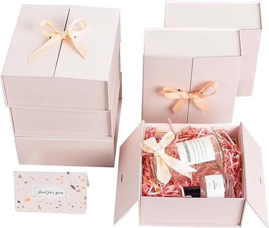 7x7x3 Inch Gift Boxes with Lids, Small Pink Gift Box 6 Pack with Ribbon Card Fancy Gift Wrap Boxes for Festival Anniversary Bridesmaid Proposal Weddings Gift Box for Girlfriend