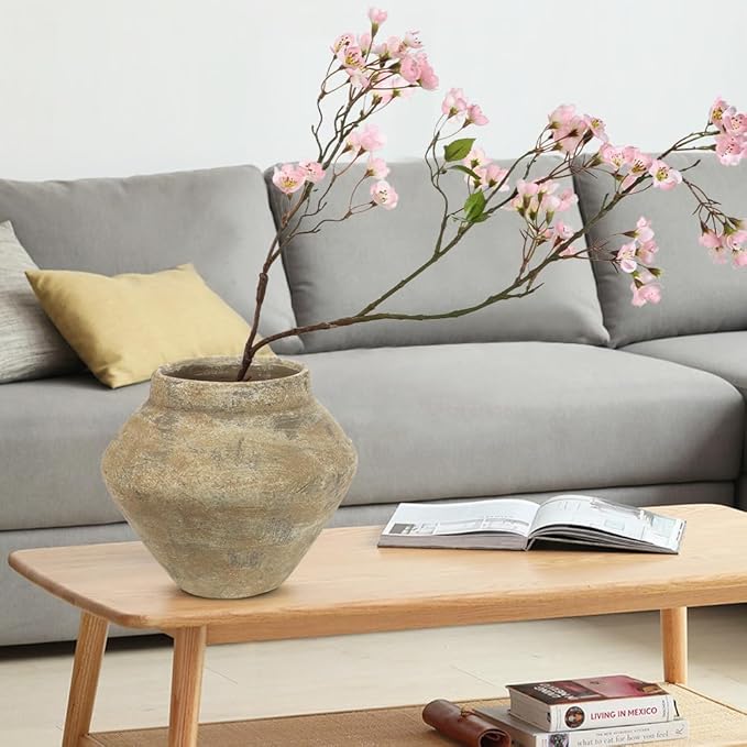 Briful Large Rustic Ceramic Vase with Distressed Finish, 8.2'' Tall Wide-Belly Decorative Flower Vases with Felt Pads, Retro Style Pottery for Home Decor, Table Centerpiece, Yellow Brown