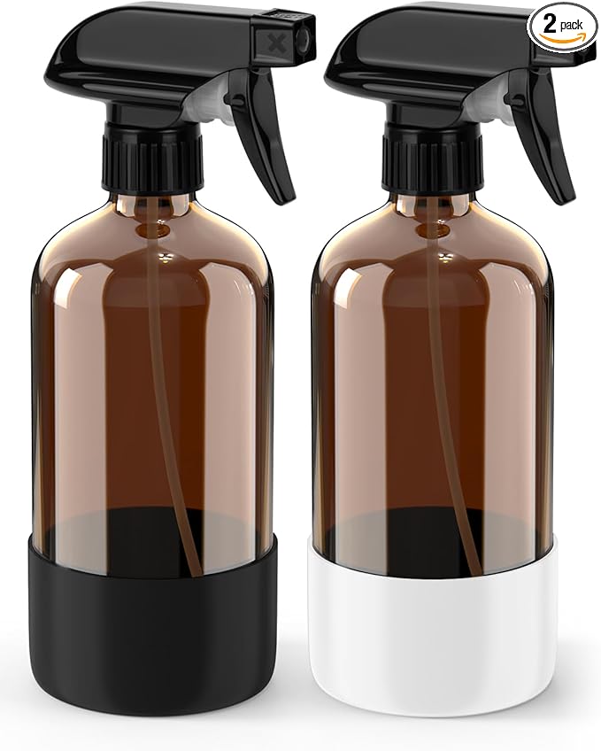 Glass Spray Bottle with Silicone Sleeve Protection, Amber Glass Spray Bottle Set for Window Cleaner Aromatherapy Facial Hydration Watering Flowers Hair Care 2 Pack/16 oz (Black & White, 16 oz)