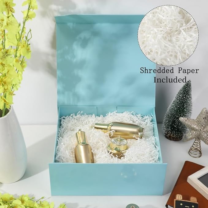 1 Pcs Blue Gift Box Large 13x11x5.3 Inch Large Black Gift Box Large Magnetic Gift Box with Crinkle Paper Blue Large Gift Box with Shredded Paper Luxury Gift Boxes with Lids for Presents