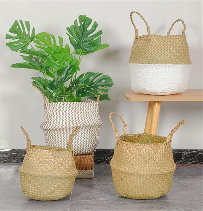 DOKOT Seagrass Plant Basket with Handles, Wicker Woven Storage Basket (8.3inch Diameter x 9inch Height), Natural