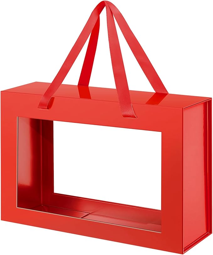 Large Red Clear Gift Box, 13.5x9x4.1 Inches, With Window & Handle, Magnetic Closure, Suitable for Various Occasions