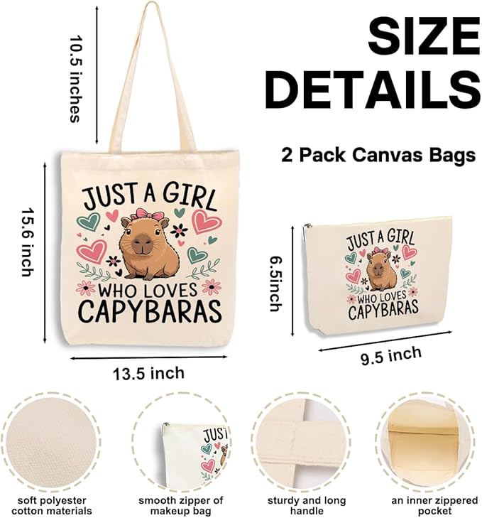 A Girl Loves Capybaras Capybara Gifts for Girls Cute Capybara Stuff Accessories Canvas Tote Bag Makeup Cosmetic Bag Beach Bags for Women Sister Girl Birthday Weekender Friendship Graduation Christmas