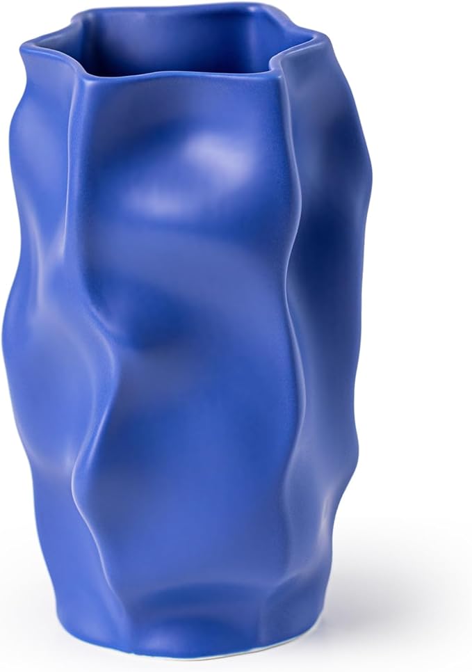 Klein Blue Ceramic Vase with Organic Wave Texture - 8.3" Unique Flower Vase for Pampas Grass & Centerpieces, Decorative Boho/Farmhouse Vase for Living Room, Office Desk & Gift for Her/Yourself