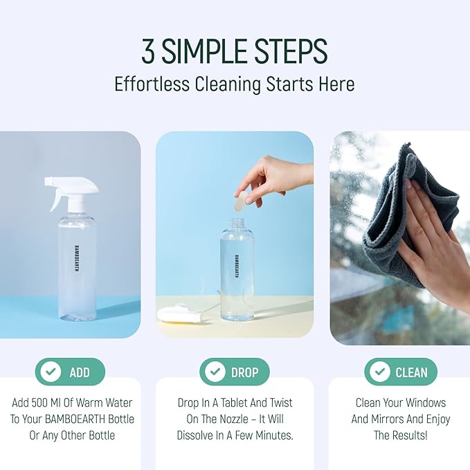 12 Pack Natural Glass & Mirror Cleaner Spray - Window Cleaning Tablets Refill - Eco-Friendly Product & Cleaning Supplies - 1 Tablet = 17oz Spray (204oz Total) - Fresh Lemon