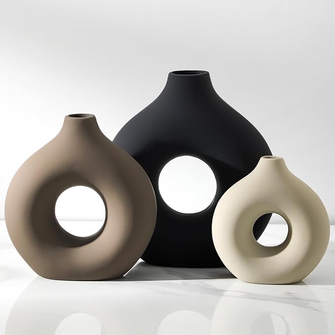 Ceramic Vase Home Table Decor - Flower Vases Set of 3 Small Living Room Centerpiece Decorations for Shelf Bedroom Office Kitchen Dining Desk Modern Aesthetic Farmhouse Decorative (Classic)