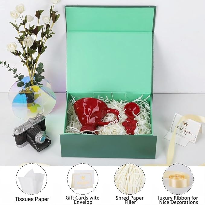 UoeRing 6 Pack Green Gift Box 11.5x8x4 inch Luxury Gift Box for Presents with Magnetic Lid Collapsible,Birthday,Christmas,Contains Card, Ribbon, Tissue Paper,Shredded Paper Fille