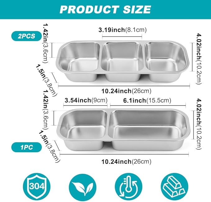 3 Pack Stainless Steel Snack Containers with Lids, 2/3 Compartment Reusable Snackle Box Container, Metal Food Storage Containers Lunch Box Bento Box for Work, Home, Travel