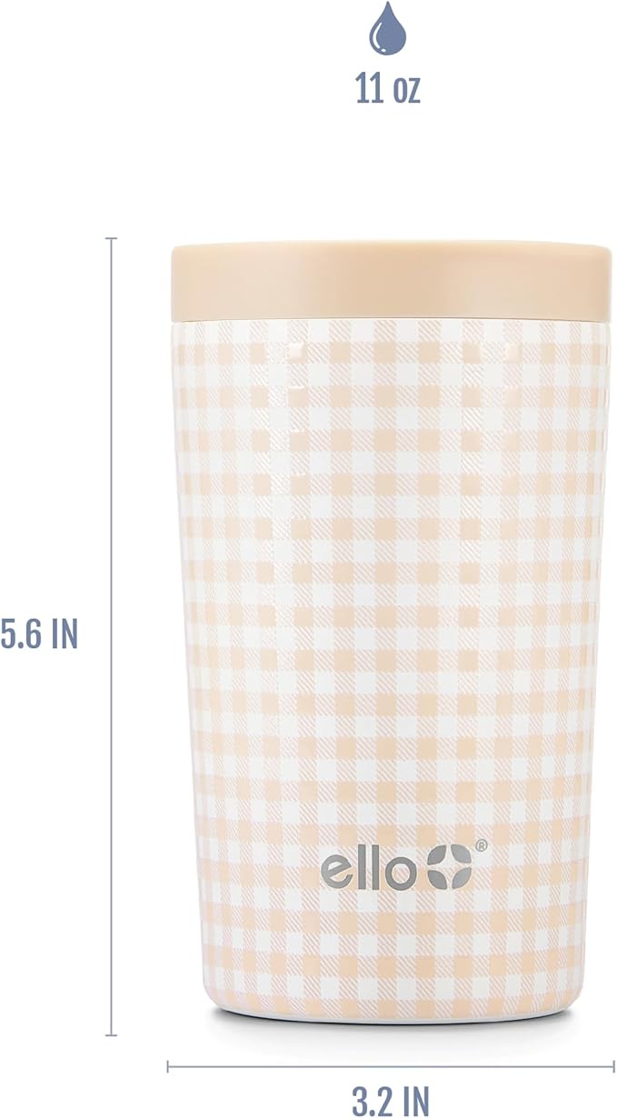 Ello Jones 11oz Insulated Stainless Steel Travel Mug with Leak-Proof Slider Lid, Single Serve Small Coffee Tumbler, Keeps Drinks Hot 3 Hours Cold 8 Hours, BPA-Free, Beige Gingham