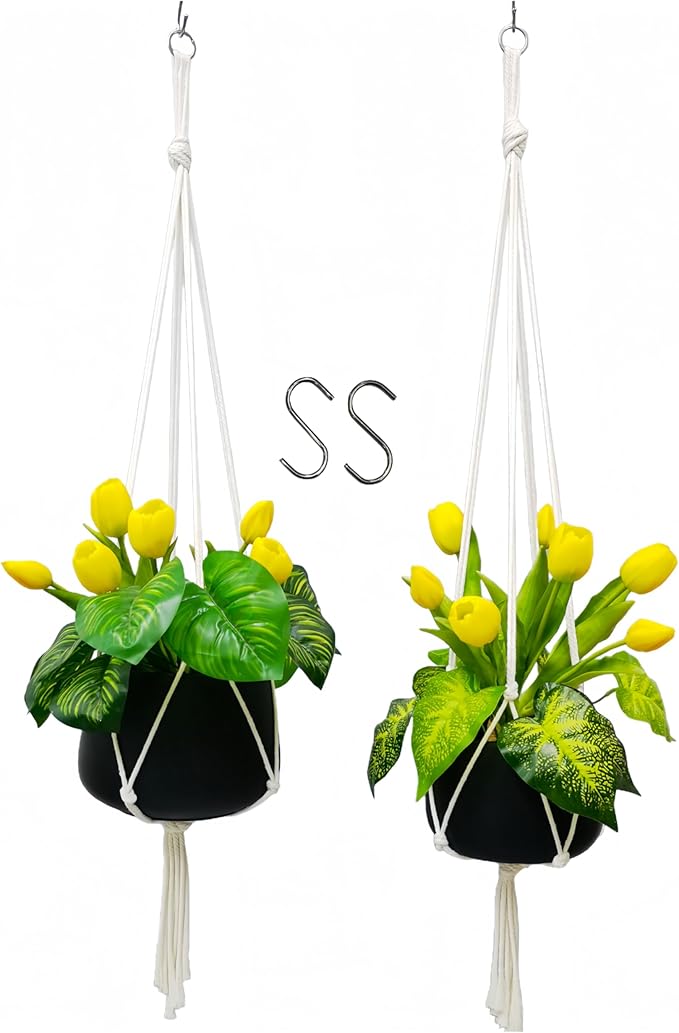 Macrame Plant Hanger 2 Pcs Hanging Planters for Indoor with 2 Hooks Indoor Outdoor Hanging Planter for Plants Holder with Decorative Tassels, Boho Home Decor, 35 Inch Ivory (Pots Not Included)