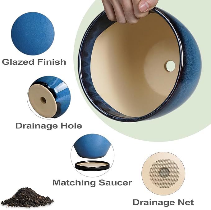 Ceramic Planters for Indoor Plants - 6.8 Inch Plant Pot with Drainage Hole and Saucer Round Modern Planter Home Garden Patio Decor Blue