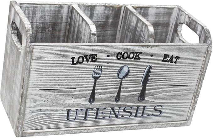 Fenteer Kitchen Utensil Holder Storage Crock Vintage Accessories Wooden Utensil Organizer Cutlery Box for Counter Hotels Restaurants, Gray