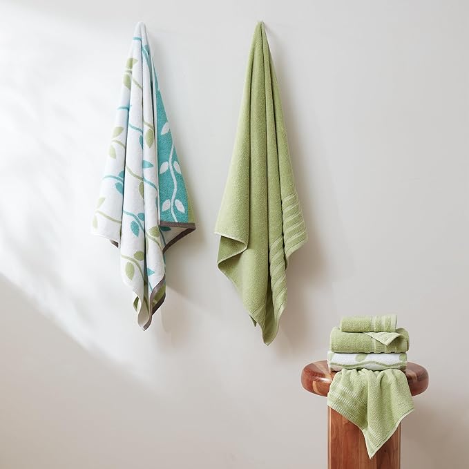 Modern Threads Organic Vines 6-Piece 100% Cotton Towel Set – Yarn Dyed Jacquard & Solid – Includes 2 Bath Towels, 2 Hand Towels, 2 Washcloths – Absorbent, Quick Dry, Soft & Durable – Sage Green